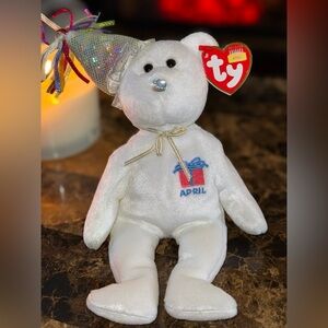 🎉 TY Birthday Beanie Baby April Bear White Sparkle Party Hat Plush